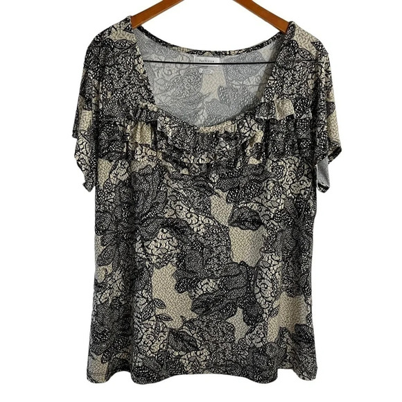 Van Heusen Blouse XXL Rose Floral Ruffled Square Neck Cream Black Gray Dressy - Picture 1 of 6